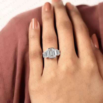 Emerald Cut Three Stone Lab Grown Diamond Engagement Ring Bezel Set Emerald Diamond Ring with Tapered Baguette Side Stones Luxury Bridal Ring