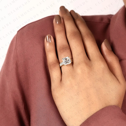 Asscher Cut Lab Diamond Engagement Ring with Baguette Accent Band In Gold.