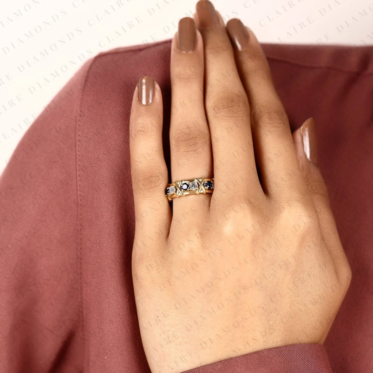 2.10 tcw round lab grown diamond band with blue sapphire accents unique gold eternity wedding ring vintage inspired stackable band for women