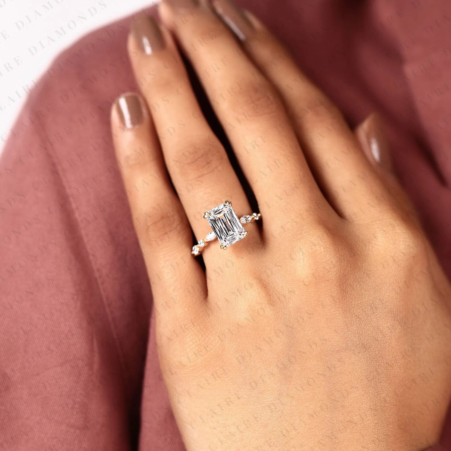 criss cut lab grown diamond engagement ring, hidden halo gold ring with marquise & round accent.