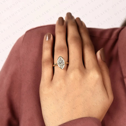 Marquise Lab Grown Diamond Bezel Set Solitaire Ring Gold Engagement Ring for Women
