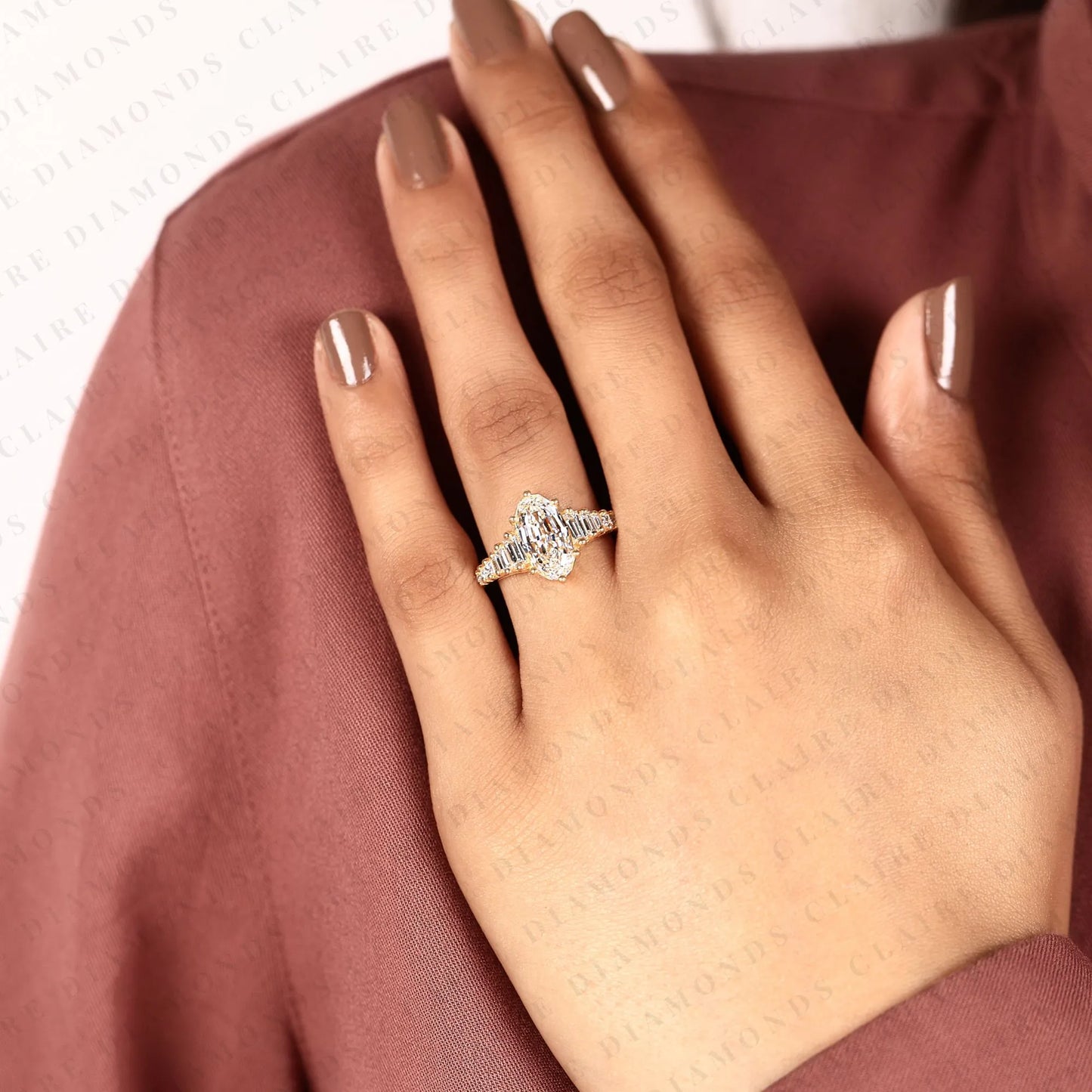 moval step cut moissanite diamond antique engagement ring in yellow gold vintage baguette accent ring