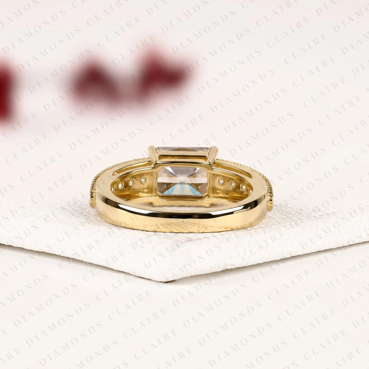 east-west radiant cut lab grown diamond engagement ring pavé band modern horizontal setting elegant bridal jewelry