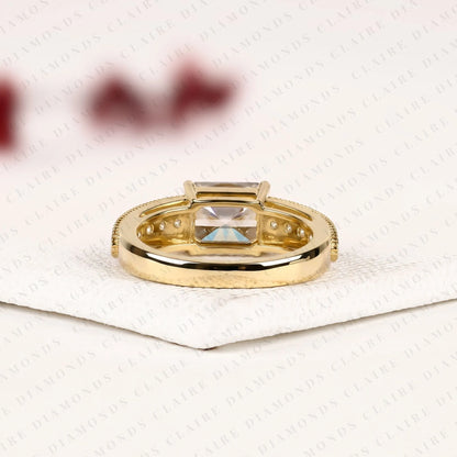 East-West Radiant Cut Lab Grown Diamond Engagement Ring Pavé Band Modern Horizontal Setting Elegant Bridal Jewelry