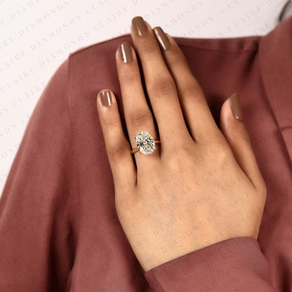 Oval Moissanite Diamond Engagement Ring in Gold | Hidden Halo Ring With Tulip Set Gold Ring.