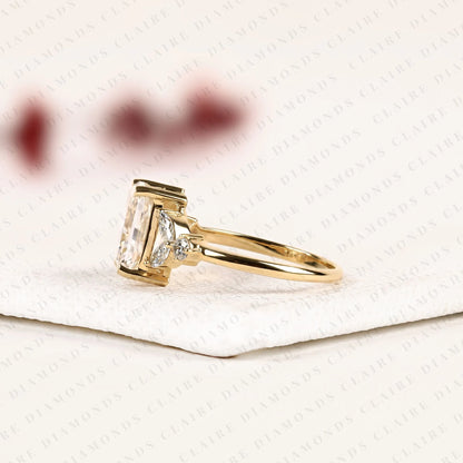 Radiant Cut Lab Grown Diamond Engagement Ring | Marquise & Round Diamond Accents | Sculpted Yellow Gold Split Shank Bridal Ring | Modern Luxury Statement Jewelry