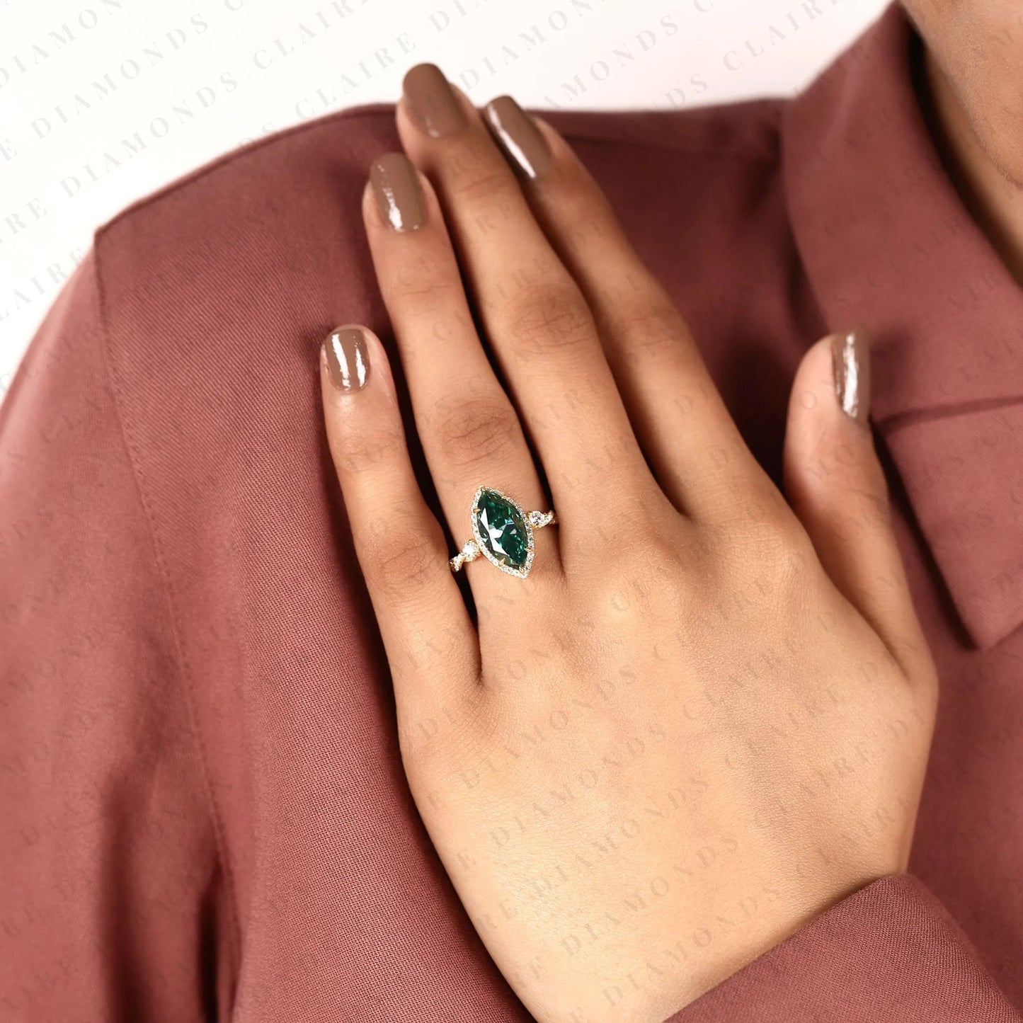 marquise cut green lab grown diamond halo engagement ring | twisted vine halo yellow gold nature-inspired engagement ring