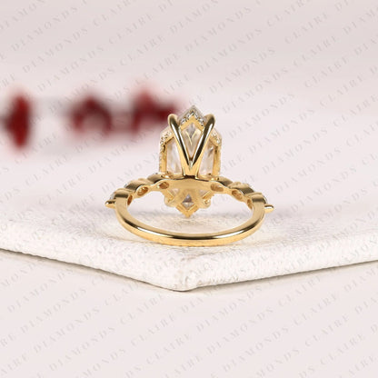 Unique Dutch Marquise Moissanite Diamond Hidden Halo Engagement Ring | Yellow Gold Botanical Leaf Four-Prong Setting