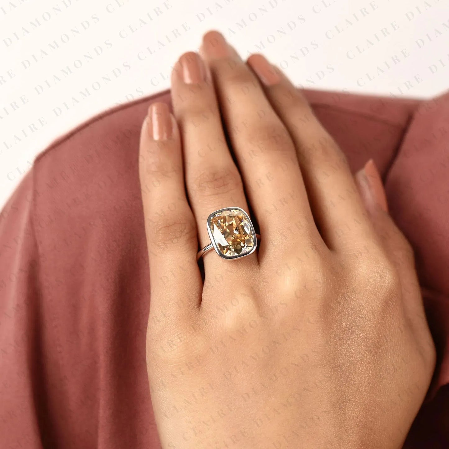 old mine elongated brown cushion cut bezel set  solitaire lab grown diamonds engagement ring – modern elegance with warm radiance