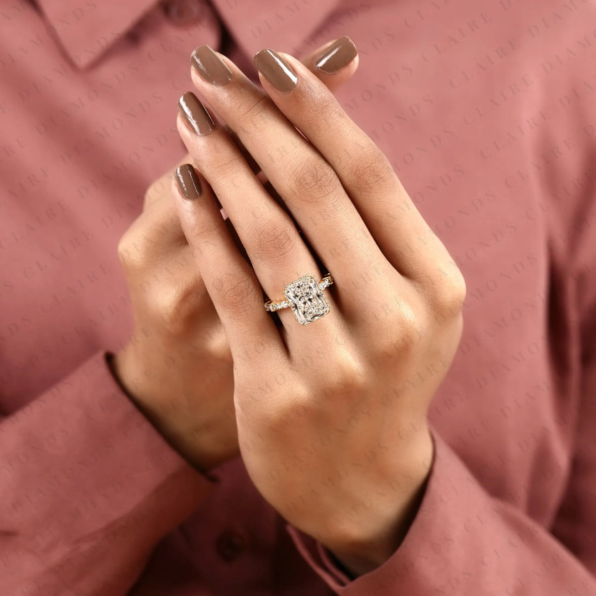 emerald cut lab grown diamond engagement ring | yellow gold pavé side stone ring | elegant modern bridal jewelry