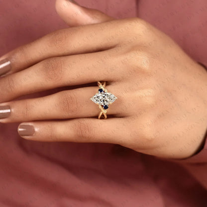 Marquise Moissanite Diamond Ring, Nature Inspired Leaf Engagement Ring, Vintage Floral Ring, Sapphire Gold Promise Ring