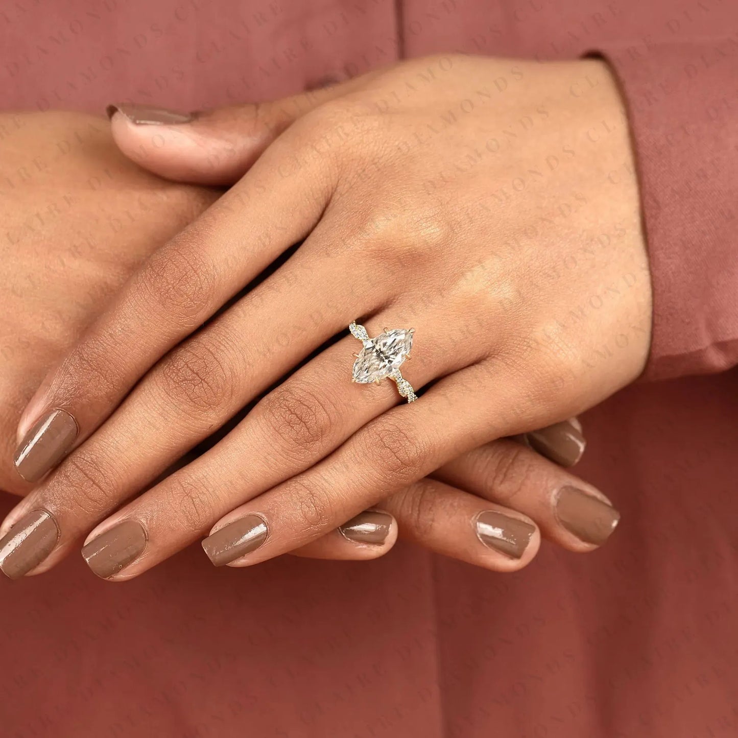 vintage-inspired marquise cut moissanite diamond engagement ring in gold – twisted pavé band solitaire ring