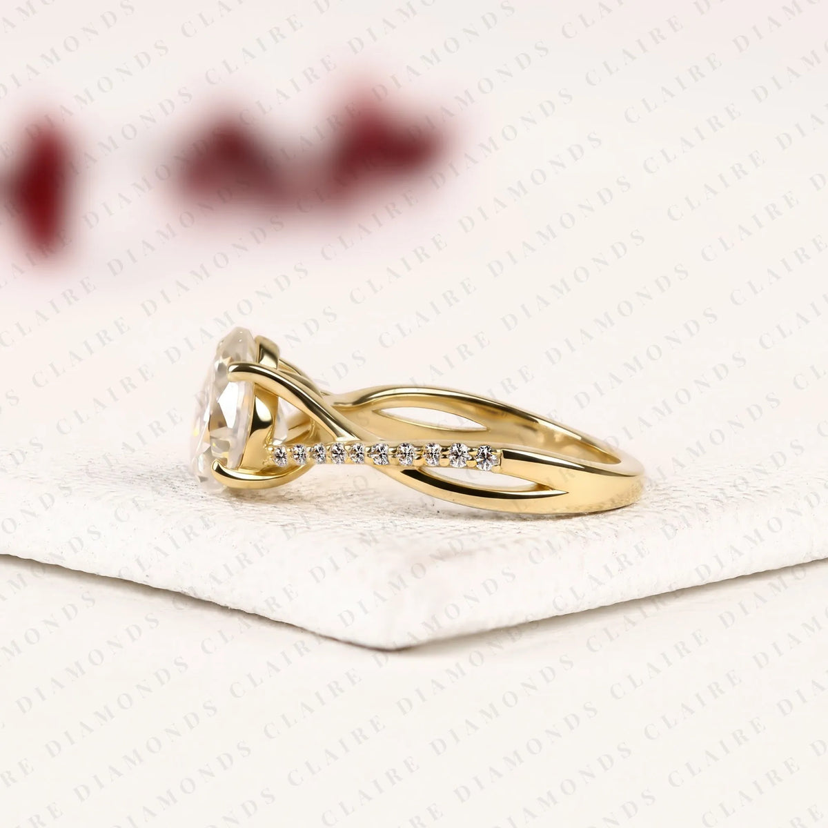 pear cut lab grown diamond engagement ring | yellow gold split shank pavé ring | modern elegant bridal jewelry | unique solitaire engagement ring