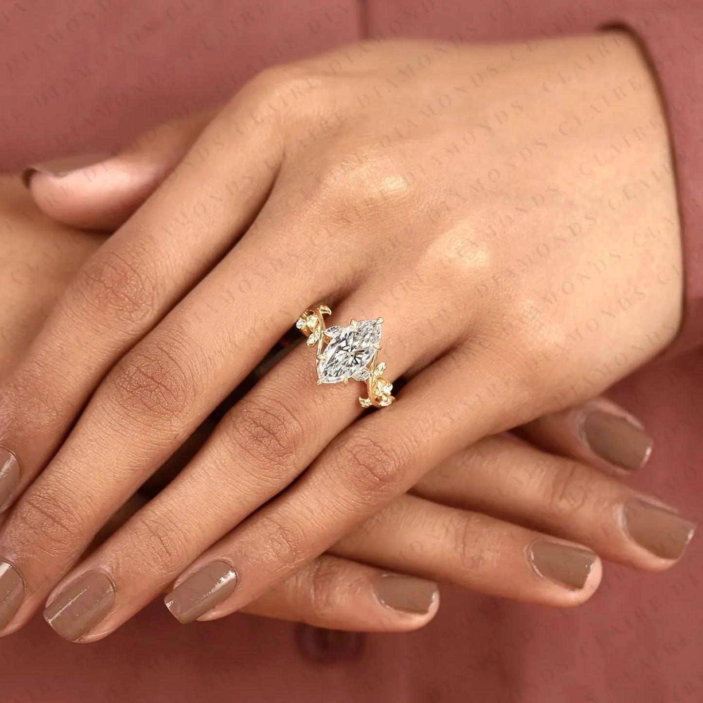 nature inspired marquise cut moissanite diamond engagement ring | vintage leaf vine ring