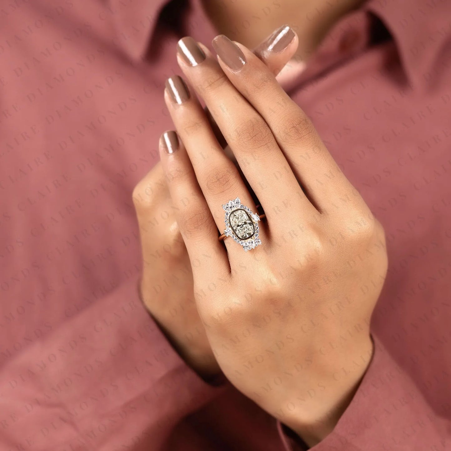 elongated cushion cut lab grown diamond halo engagement ring, yellow gold floral halo bridal ring, unique diamond ring