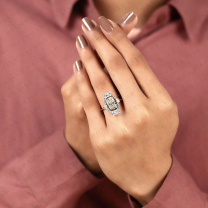 Elongated Cushion Cut Lab Grown Diamond Halo Engagement Ring, Yellow Gold Floral Halo Bridal Ring, Unique Diamond Ring