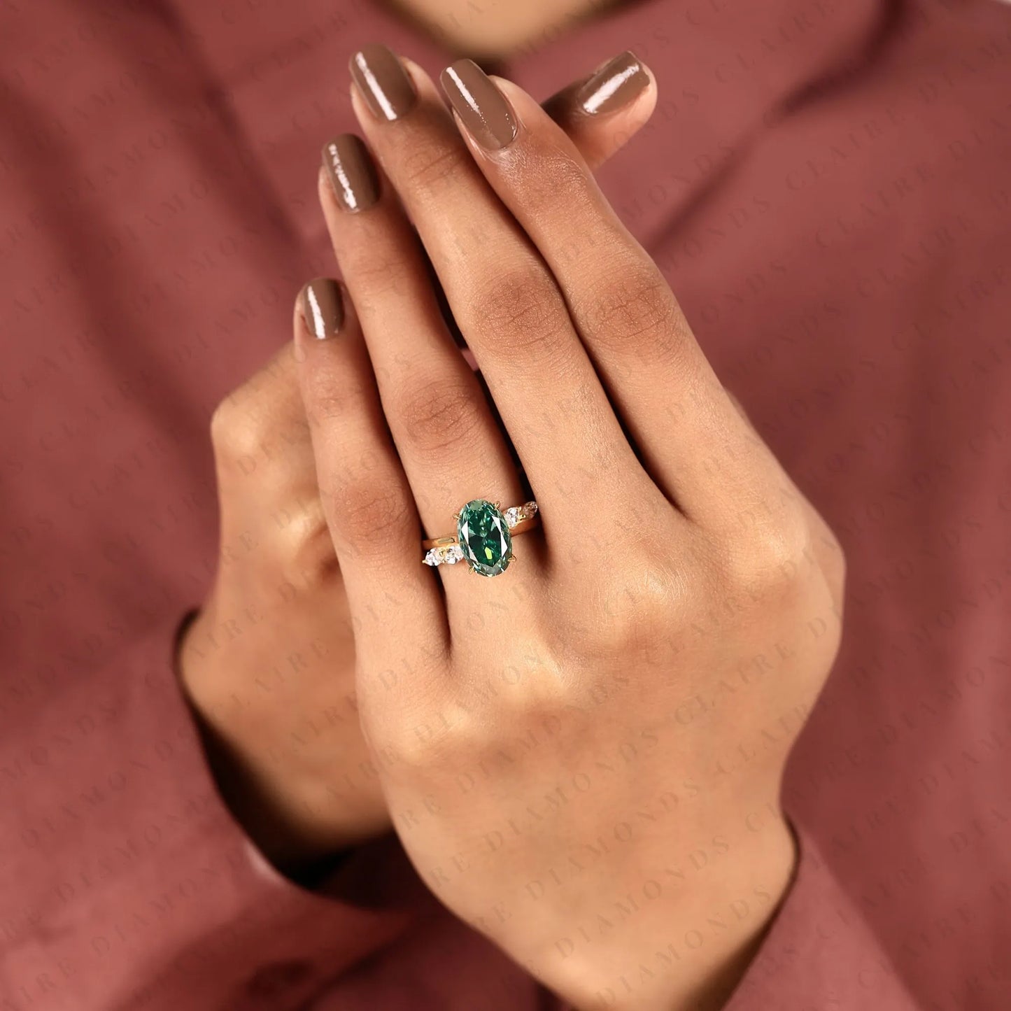green oval cut lab grown diamond ring with marquise side stones, nature inspired gold engagement ring for women