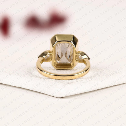 Radiant Cut Lab Grown Diamond Three Stone Engagement Ring | Pear Cut Side Stone Gold Ring | Beaded Bezel Statement Bridal Jewelry | Modern Luxury Wedding Ring