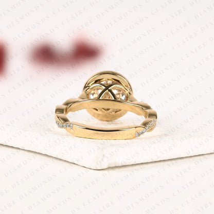 Round Lab Grown Diamond Bezel Engagement Ring | Yellow Gold Nature-Inspired Twisted Diamond Band