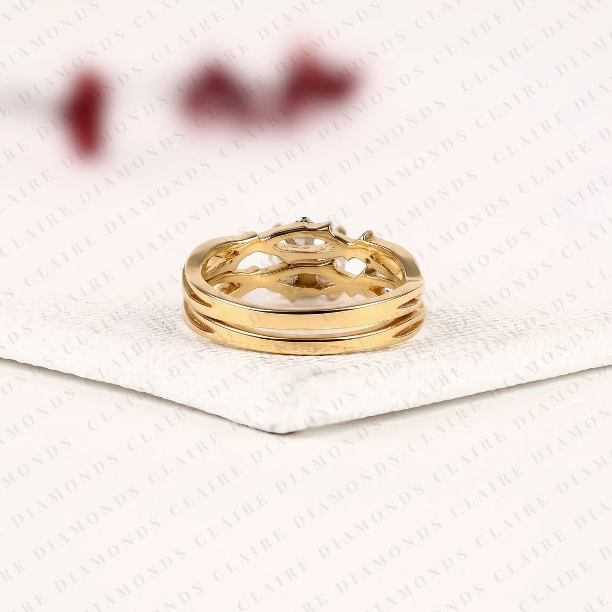 round cut lab grown diamond bridal ring set | yellow gold botanical vine band | nature inspired floral bridal ring | unique modern wedding jewelry