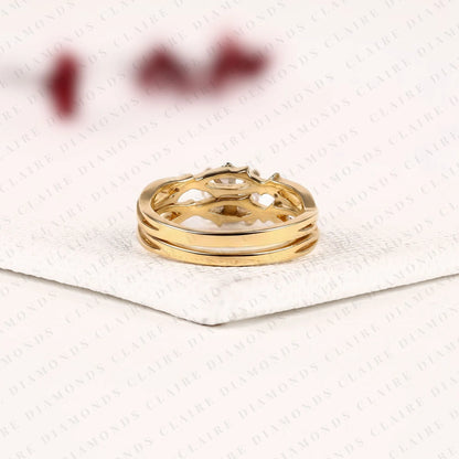 Round Cut Lab Grown Diamond Bridal Ring Set | Yellow Gold Botanical Vine Band | Nature Inspired Floral Bridal Ring | Unique Modern Wedding Jewelry