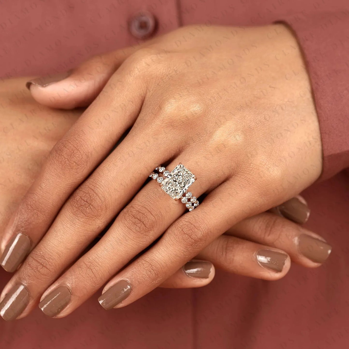 radiant cut moissanite diamond engagement ring set with pave wedding band in rose gold | elegant bridal ring set for women