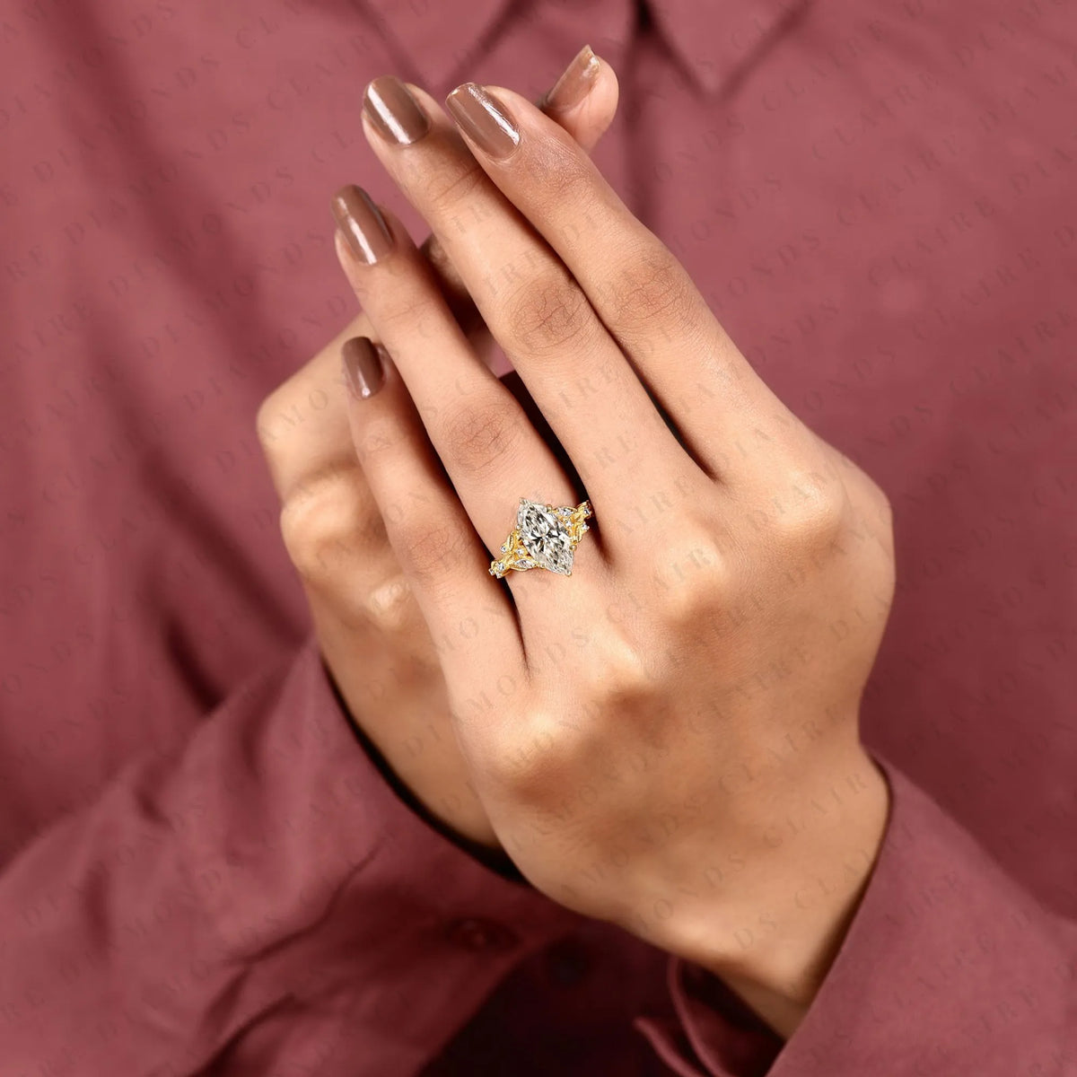 marquise cut lab grown diamond engagement ring, floral leaf vine gold ring, nature inspired bridal ring, unique vintage wedding jewelry