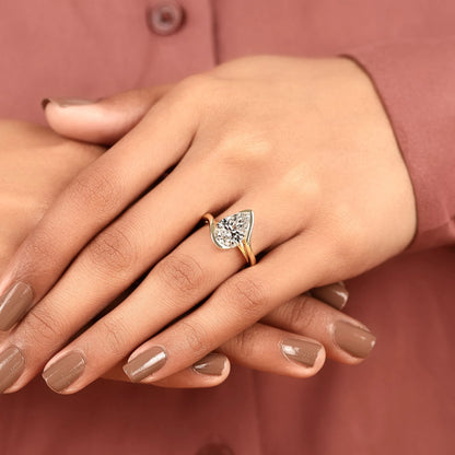 Pear Shape Lab Grown Diamond Hidden Halo Solitaire Ring with Contemporary Twist Setting