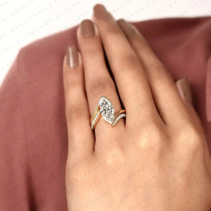 Marquise Lab Grown Diamond Bypass Ring Bezel Ring Modern Twisted Pave Bridal Ring Set