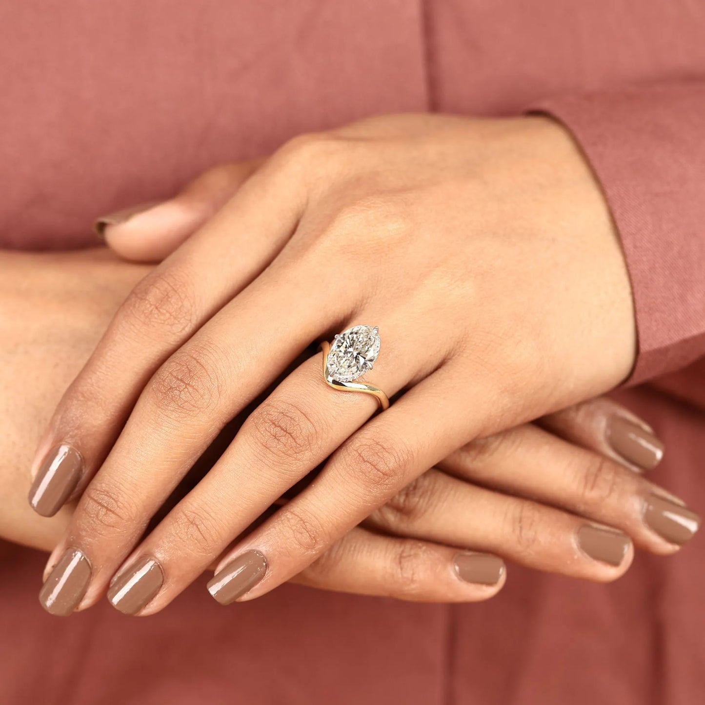 oval cut solitaire lab grown diamonds two tone engagement ring with sculpted gold band – modern elegance redefined