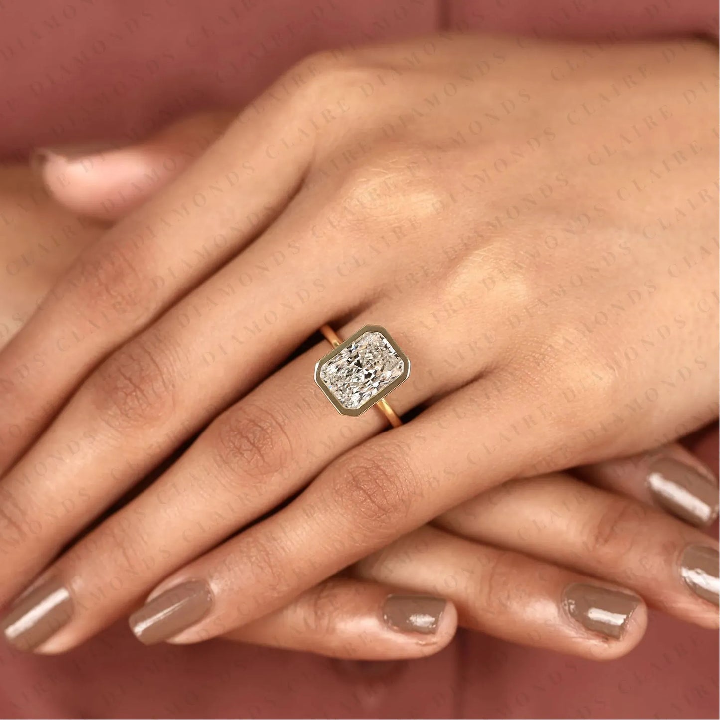 bezel set radiant cut lab grown diamond engagement ring in gold | solitaire wedding ring for women | igi certified anniversary ring