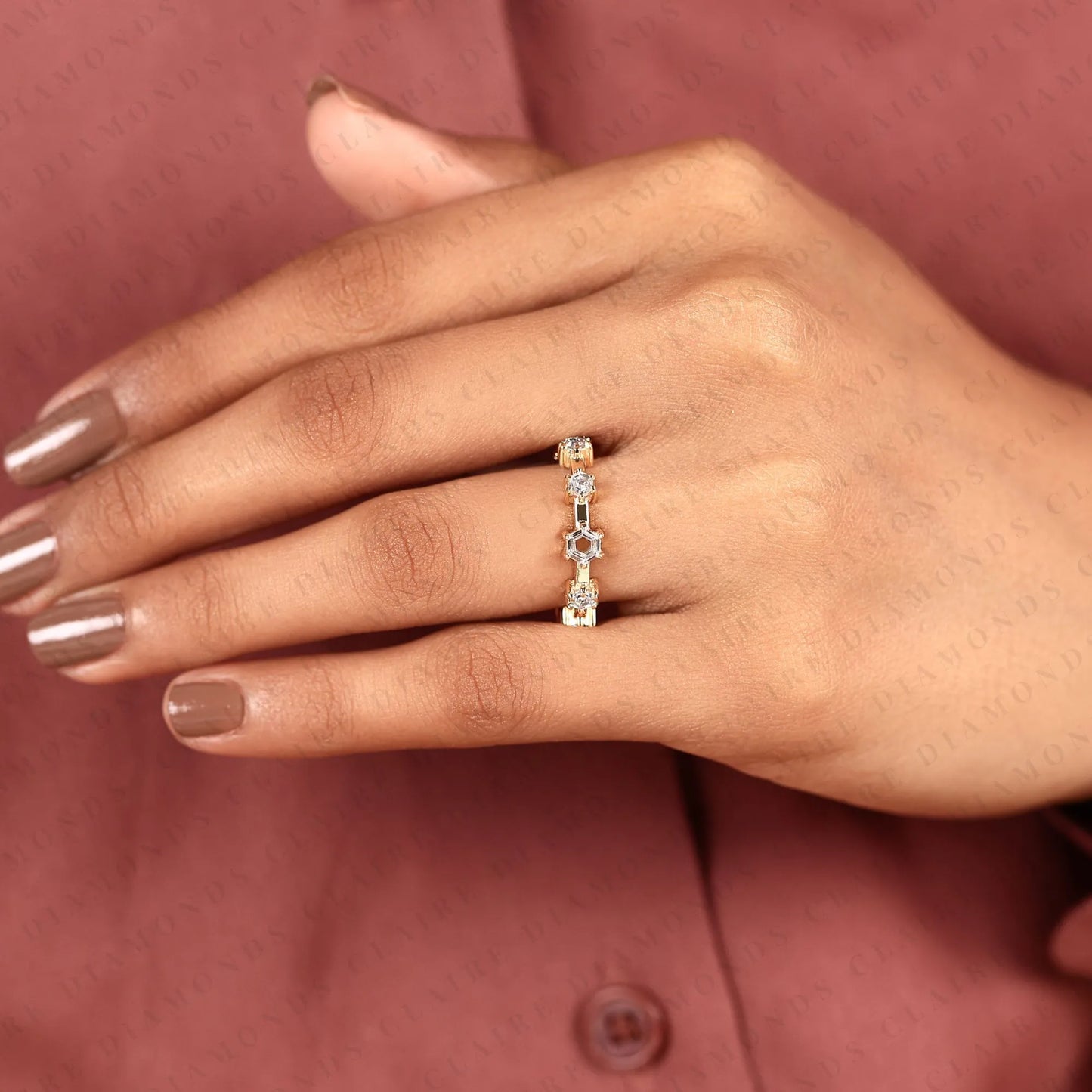 0.61 tcw octagon cut moissanite ring with round accent stones in solid gold | modern open band for women