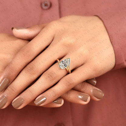 Pear Shape Lab Grown Diamond Hidden Halo Solitaire Ring with Contemporary Twist Setting