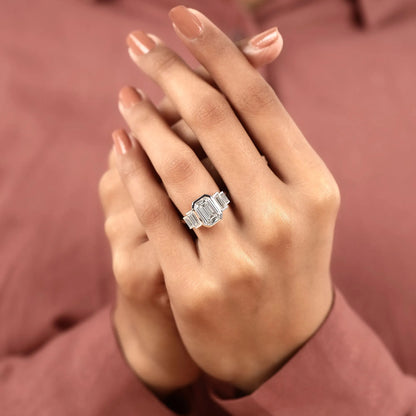 Emerald Cut Three Stone Lab Grown Diamond Engagement Ring Bezel Set Emerald Diamond Ring with Tapered Baguette Side Stones Luxury Bridal Ring