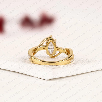 Hexagon Step Cut Lab Grown Diamond Engagement Ring | Yellow Gold Bypass Split Shank Pavé Ring | Modern Geometric Bridal Jewelry | Unique Statement Ring