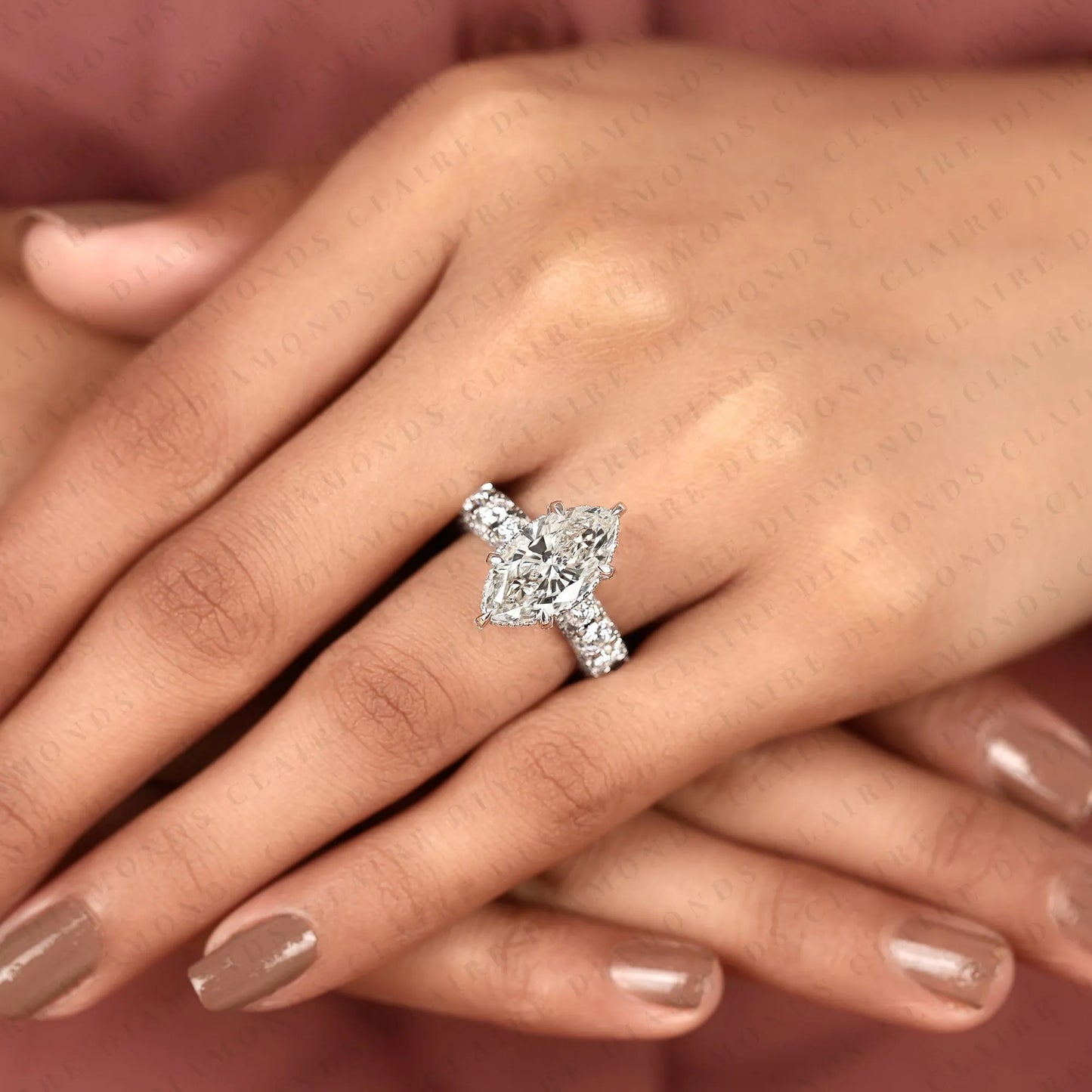marquise cut lab grown diamond engagement ring, pavé diamond band, elegant white gold bridal ring, unique halo ring