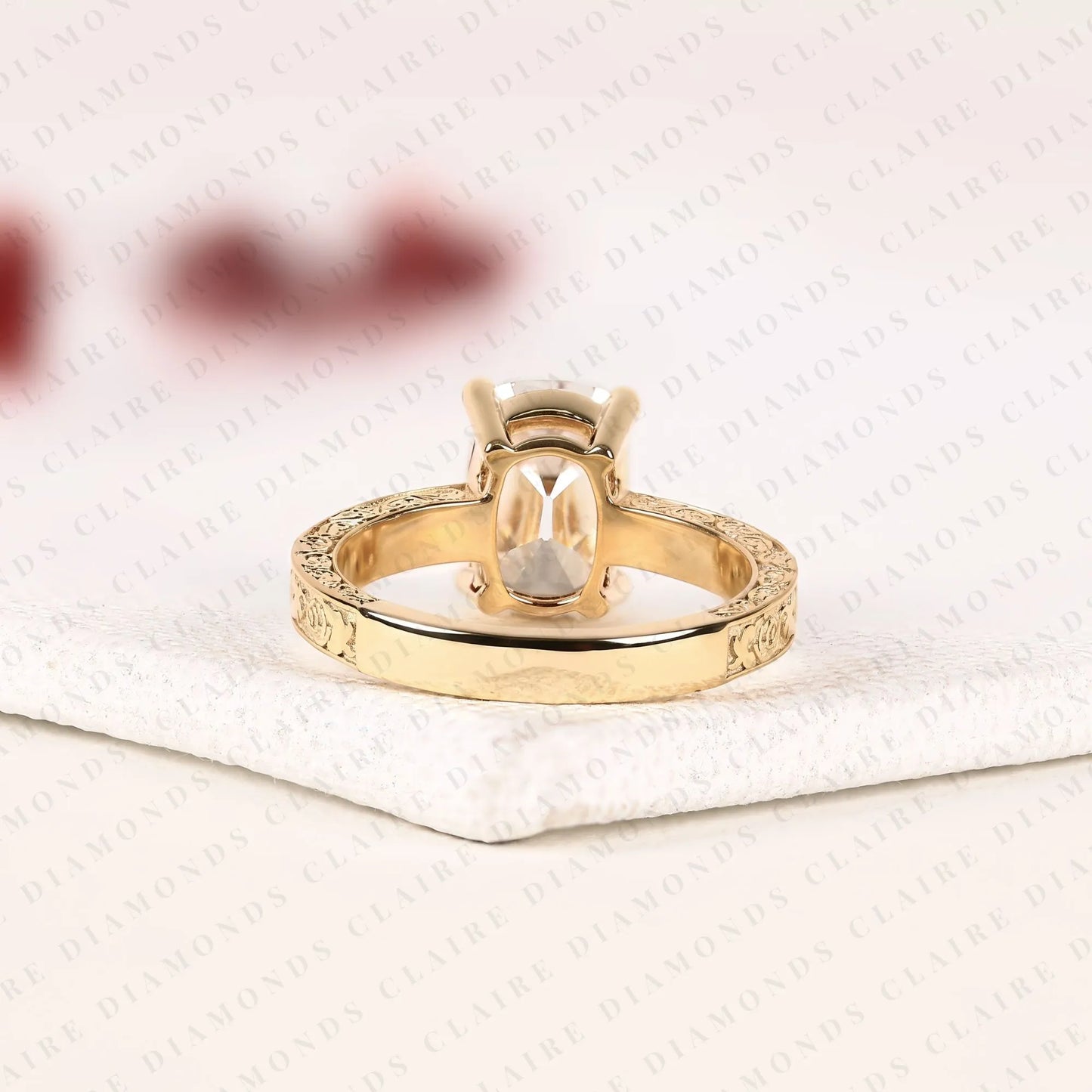 vintage old mine cushion cut solitaire lab grown diamond ring | floral engraved yellow gold engagement ring