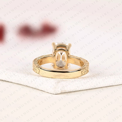 Vintage Old Mine Cushion Cut Solitaire Lab Grown Diamond Ring | Floral Engraved Yellow Gold Engagement Ring