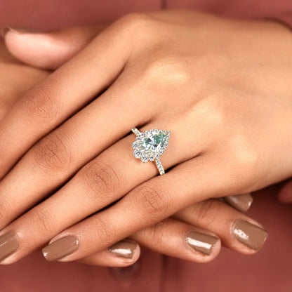 Blue Pear Cut Moissanite Diamond Halo Engagement Ring Vintage Inspired Pave Bridal Ring Unique Anniversary Ring for Women