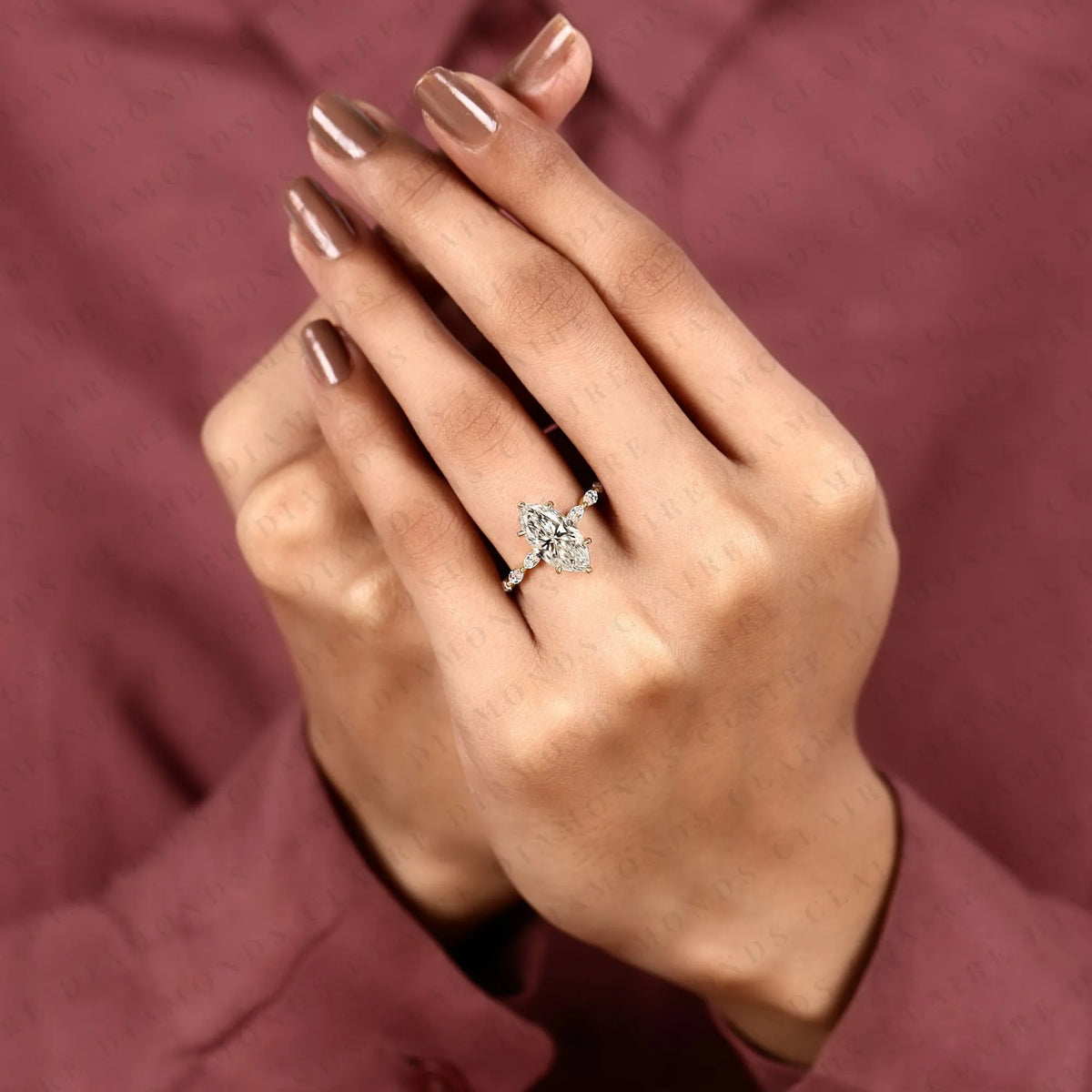 marquise cut lab grown diamond engagement ring | floral inspired diamond side stone ring | yellow gold bridal ring | elegant nature inspired wedding jewelry