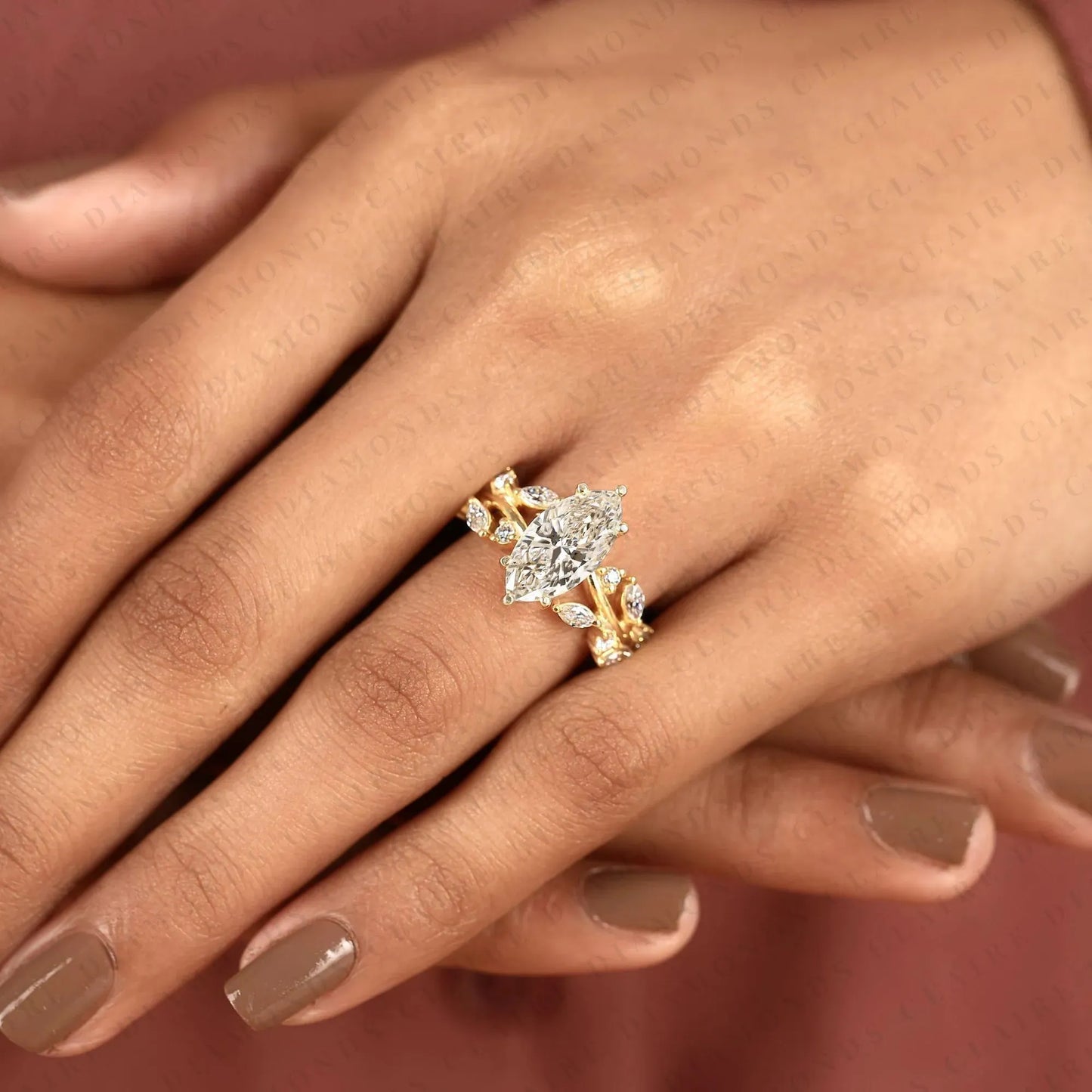 marquise cut nature inspired lab grown diamonds engagement ring | leaf vine lab grown diamond ring in gold | floral marquise solitaire ring | vintage botanical bridal jewelry