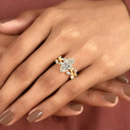 Marquise Cut Nature Inspired Lab Grown Diamonds Engagement Ring | Leaf Vine Lab Grown Diamond Ring in Gold | Floral Marquise Solitaire Ring | Vintage Botanical Bridal Jewelry