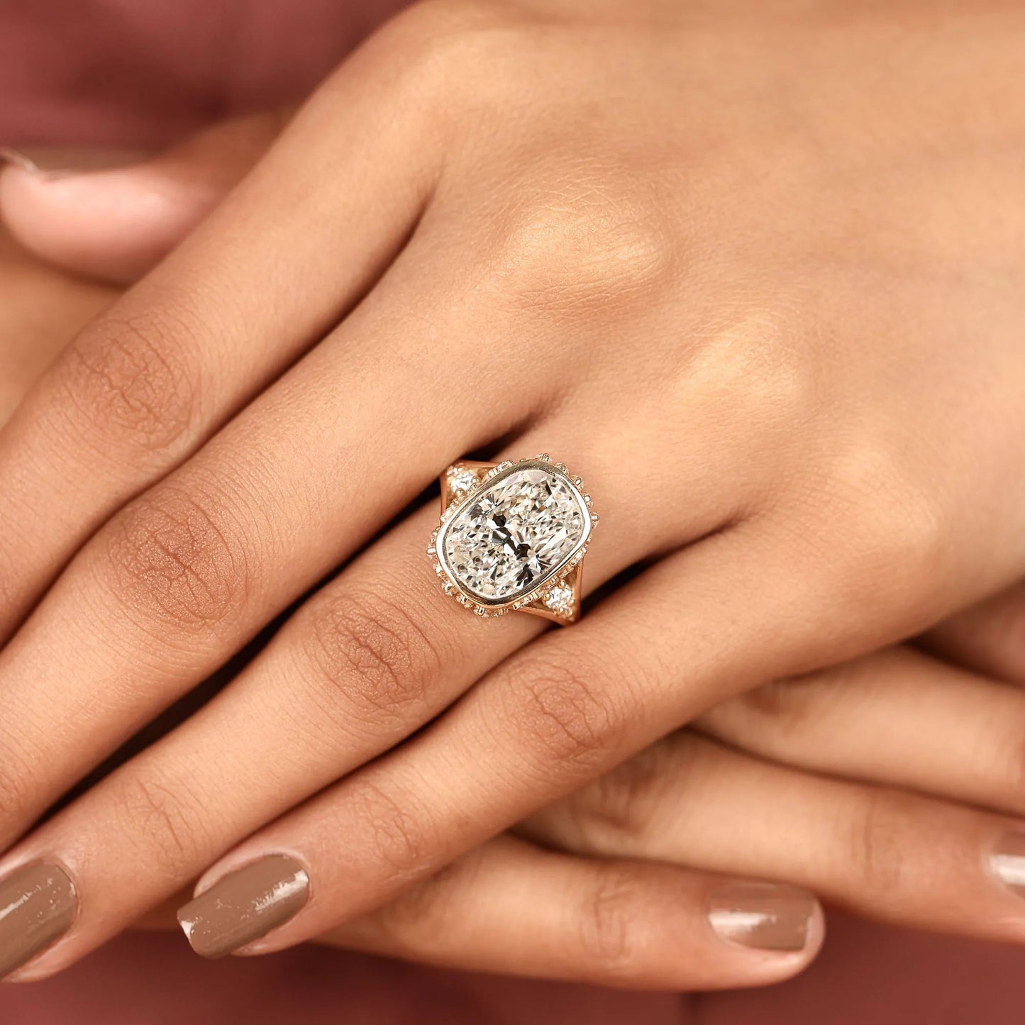 vintage elongated cushion cut moissanite diamond engagement ring | milgrain bezel set statement ring | unique gold anniversary ring for women.