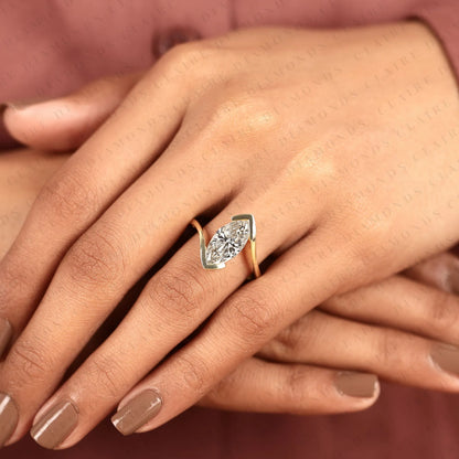 Elegant Marquise Cut Moissanite Diamond Bypass Engagement Ring in 14K Yellow Gold Modern Solitaire Bridal Ring