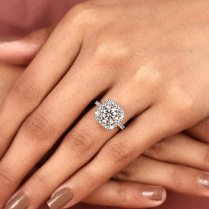Round Cut Lab Grown Diamond Halo Engagement Ring in White Gold | Vintage Cushion Halo Wedding Ring | Pave Anniversary Ring for Women
