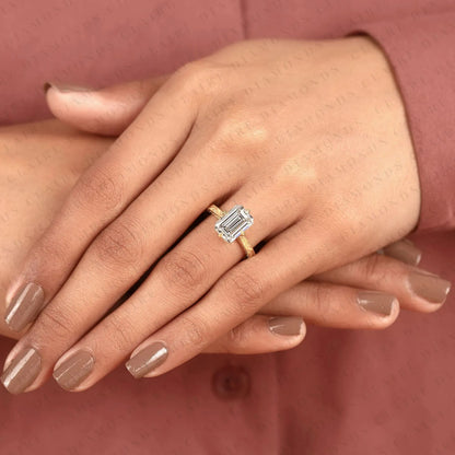 Emerald Cut Moissanite Diamond Engagement Ring, Vintage Engraved Gold Solitaire Ring, Unique Bridal Ring
