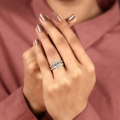 Oval Lab Grown Diamond Engagement Ring Set with Diamond Eternity & Bubble Band in Yellow Gold