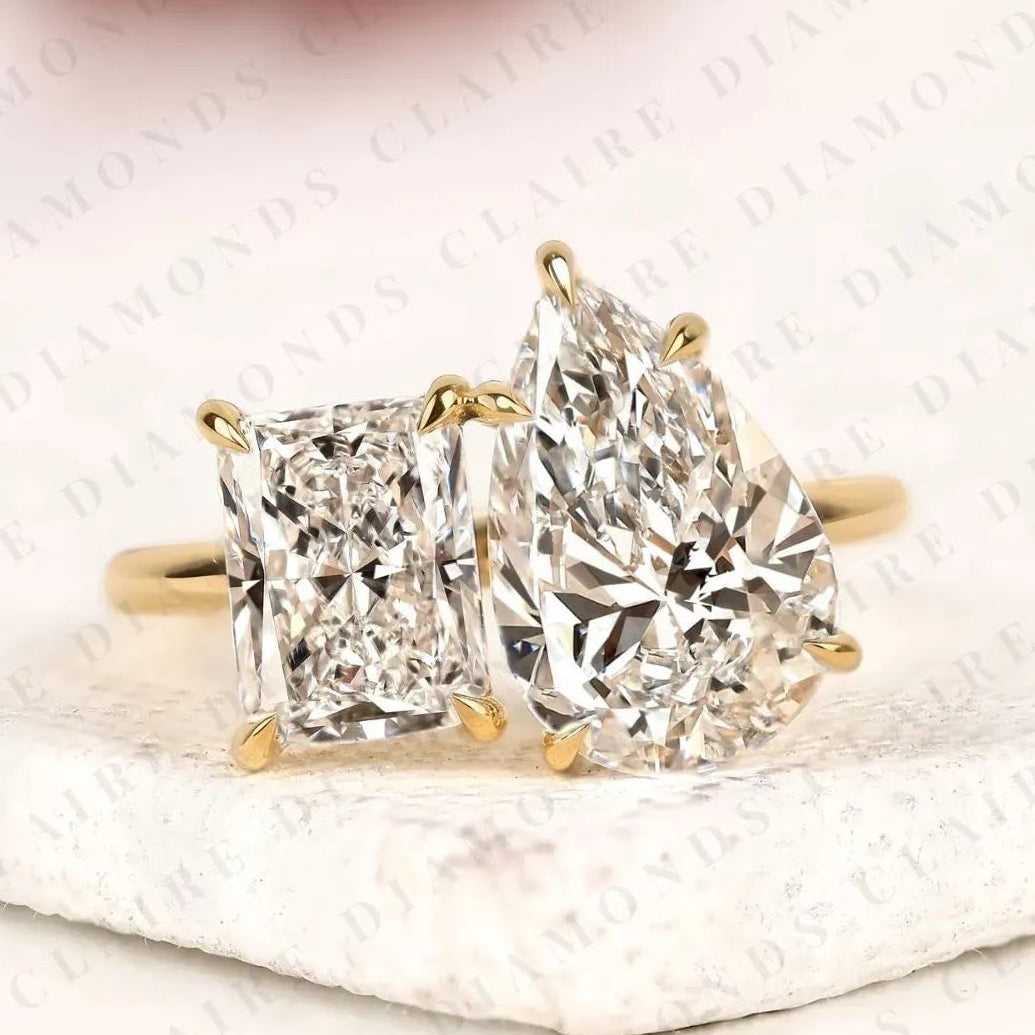 4.70 tcw toi et moi pear & radiant cut lab grown diamond engagement ring two stone gold promise ring  modern bridal ring igi certified jewelry