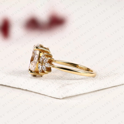 Oval Cut Lab Grown Diamond Engagement Ring | Floral Cluster Side Stone Ring | Yellow Gold Nature Inspired Bridal Jewelry | Elegant Statement Wedding Ring