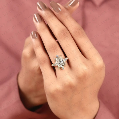 Oval Lab Grown Diamond Engagement Ring, Vintage Style Gold Wedding Ring, Art Deco Ring, Unique Anniversary Ring for Women